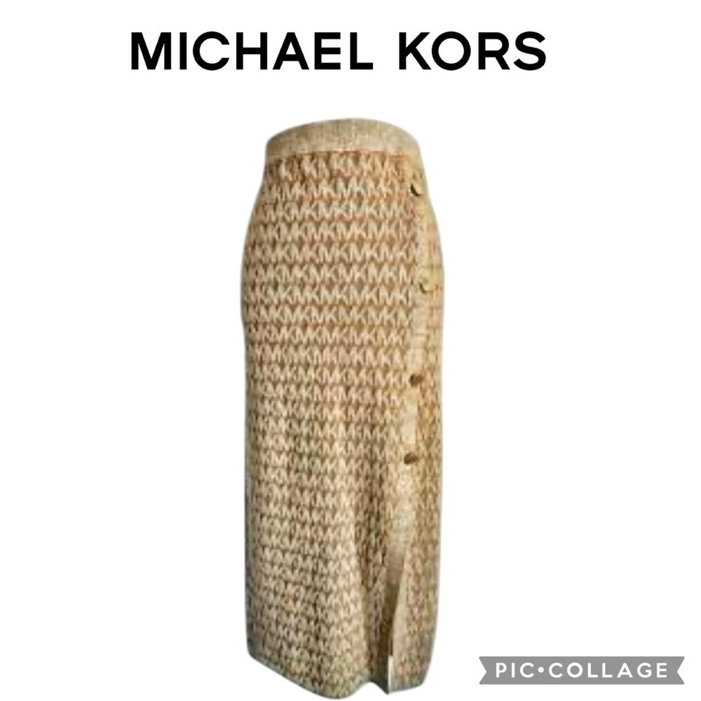 MICHAEL KORS Women Logo knit long Skirt Metallic Husk Slit NWT Size L $110